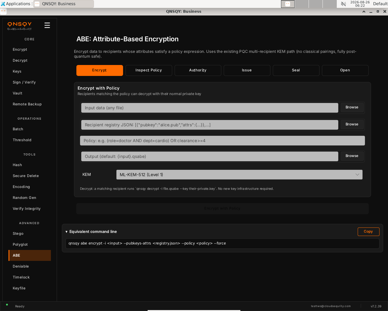 QNSQY ABE screen on the Encrypt tab: tabs for Encrypt, Inspect Policy, Authority, Issue, Seal and Open, with fields for input data, a recipient registry JSON, a policy expression, an output path, and a KEM level selector set to ML-KEM-512.