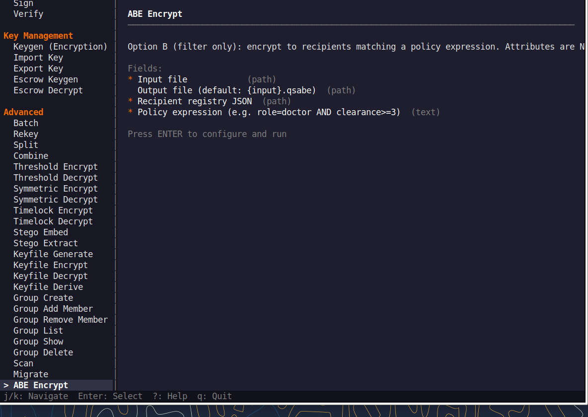 QNSQY TUI menu with ABE Seal highlighted