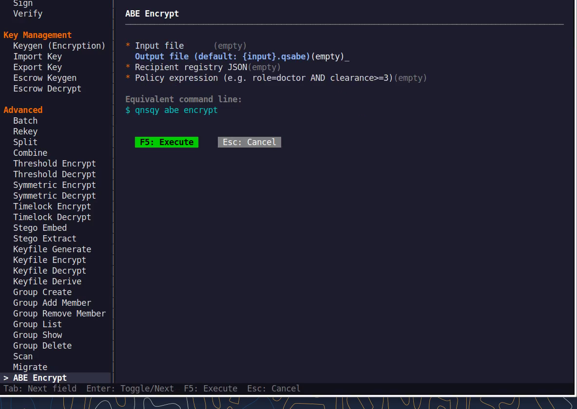 The ABE Seal TUI configure form with fields and a live equivalent command line