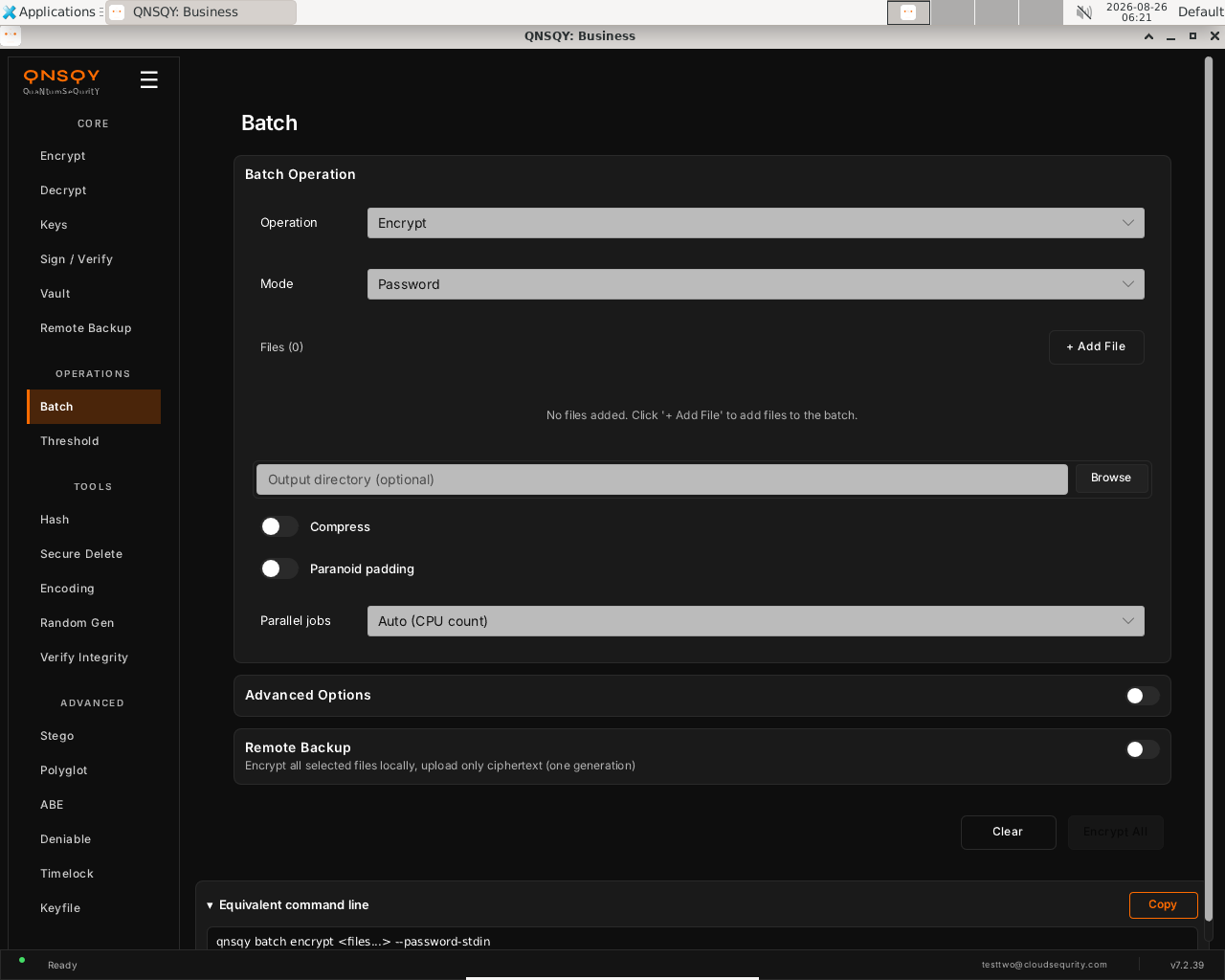 QNSQY Batch screen: Operation set to Encrypt, Mode set to Password, an empty file list reading 'No files added', an output-directory field with a Browse button, Compress and Paranoid-padding toggles, and a Parallel jobs selector set to Auto (CPU count).