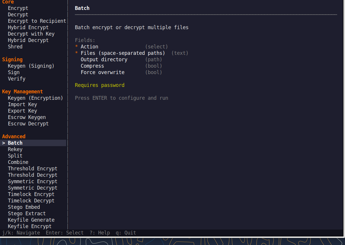 QNSQY TUI menu with Batch highlighted