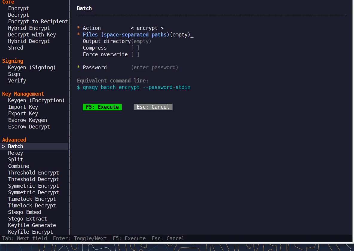 The Batch TUI configure form with fields and a live equivalent command line