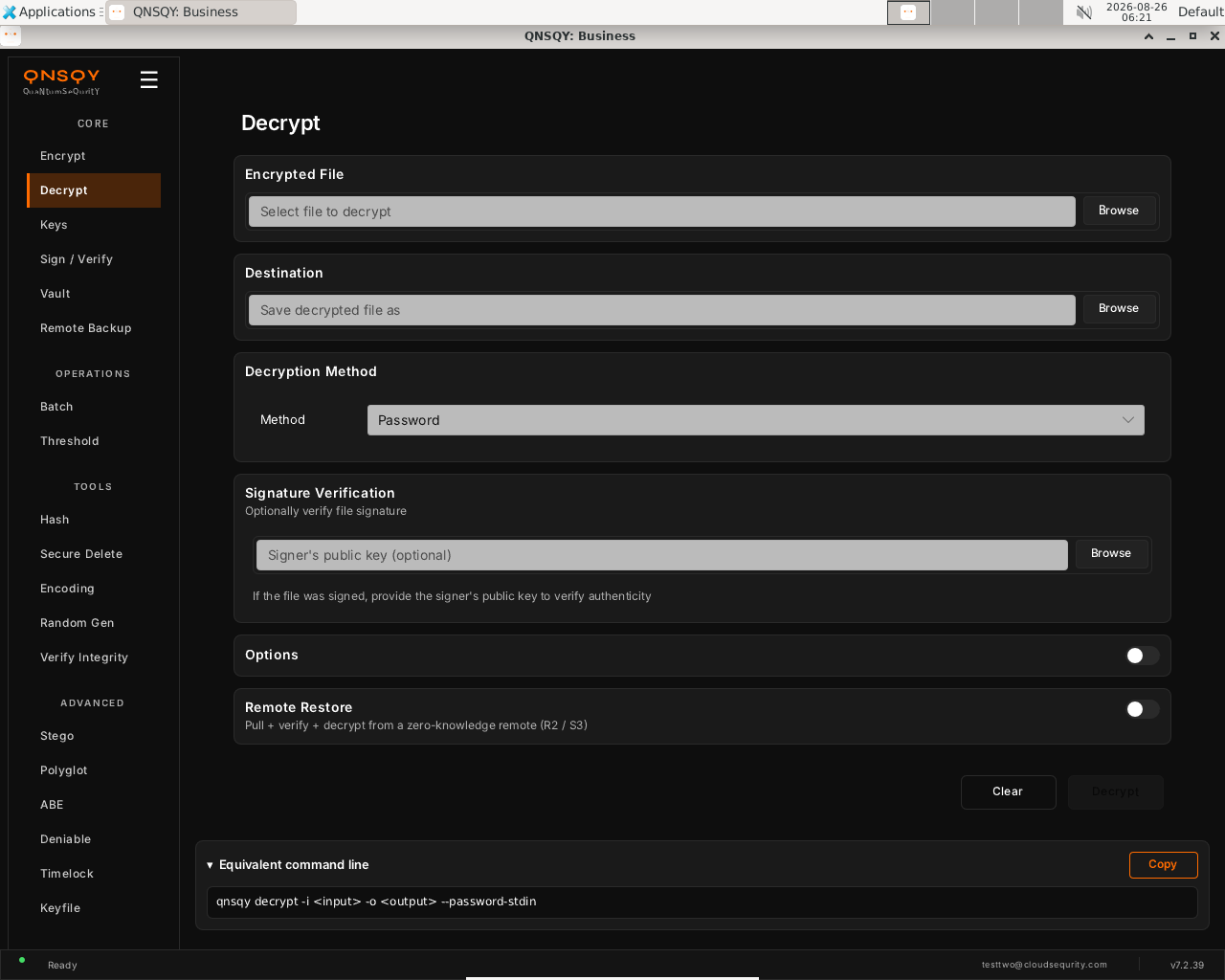 QNSQY Decrypt screen: Encrypted File and Destination file pickers, a Decryption Method dropdown set to Password, an optional Signer's public key field, and Options / Remote Restore toggles.