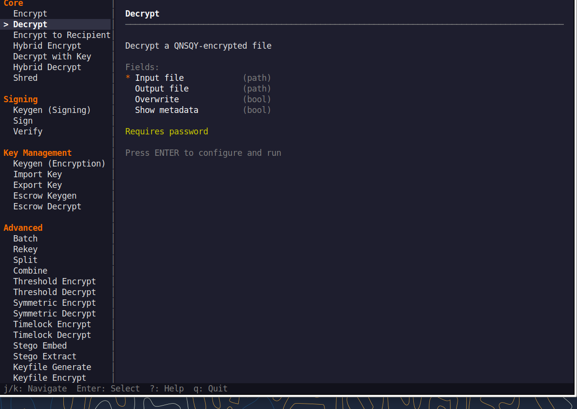 QNSQY TUI menu with Decrypt highlighted