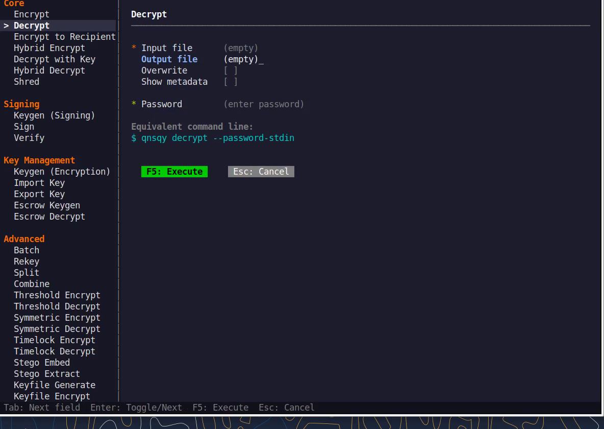 The Decrypt TUI configure form with fields and a live equivalent command line