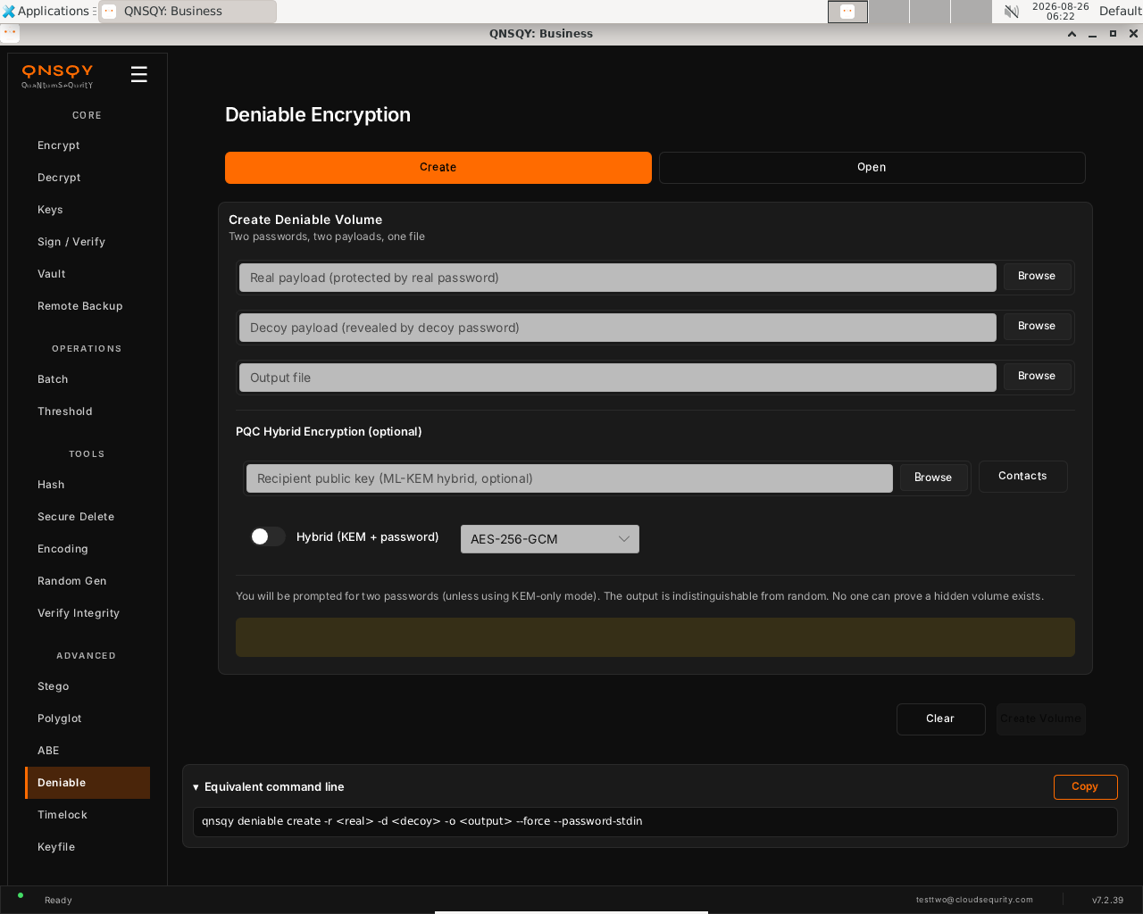QNSQY Deniable Encryption screen on the Create tab: fields for a real payload, a decoy payload and an output file, plus an optional PQC Hybrid Encryption section with a recipient public key field and a Hybrid (KEM + password) toggle set to AES-256-GCM.