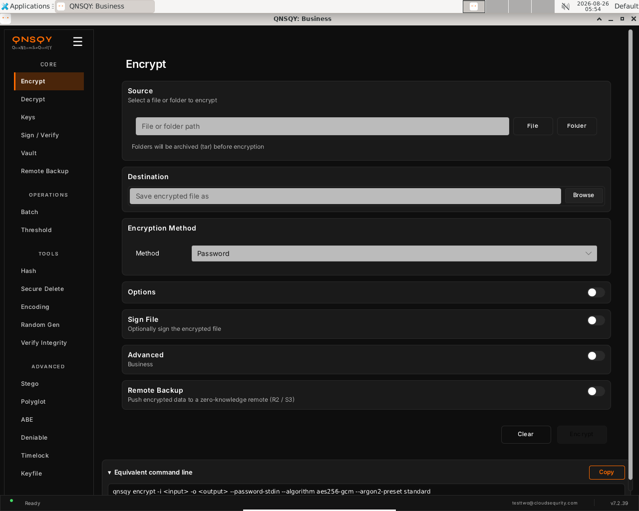 Encrypt selected in the CORE section of the left navigation, showing the Encrypt screen