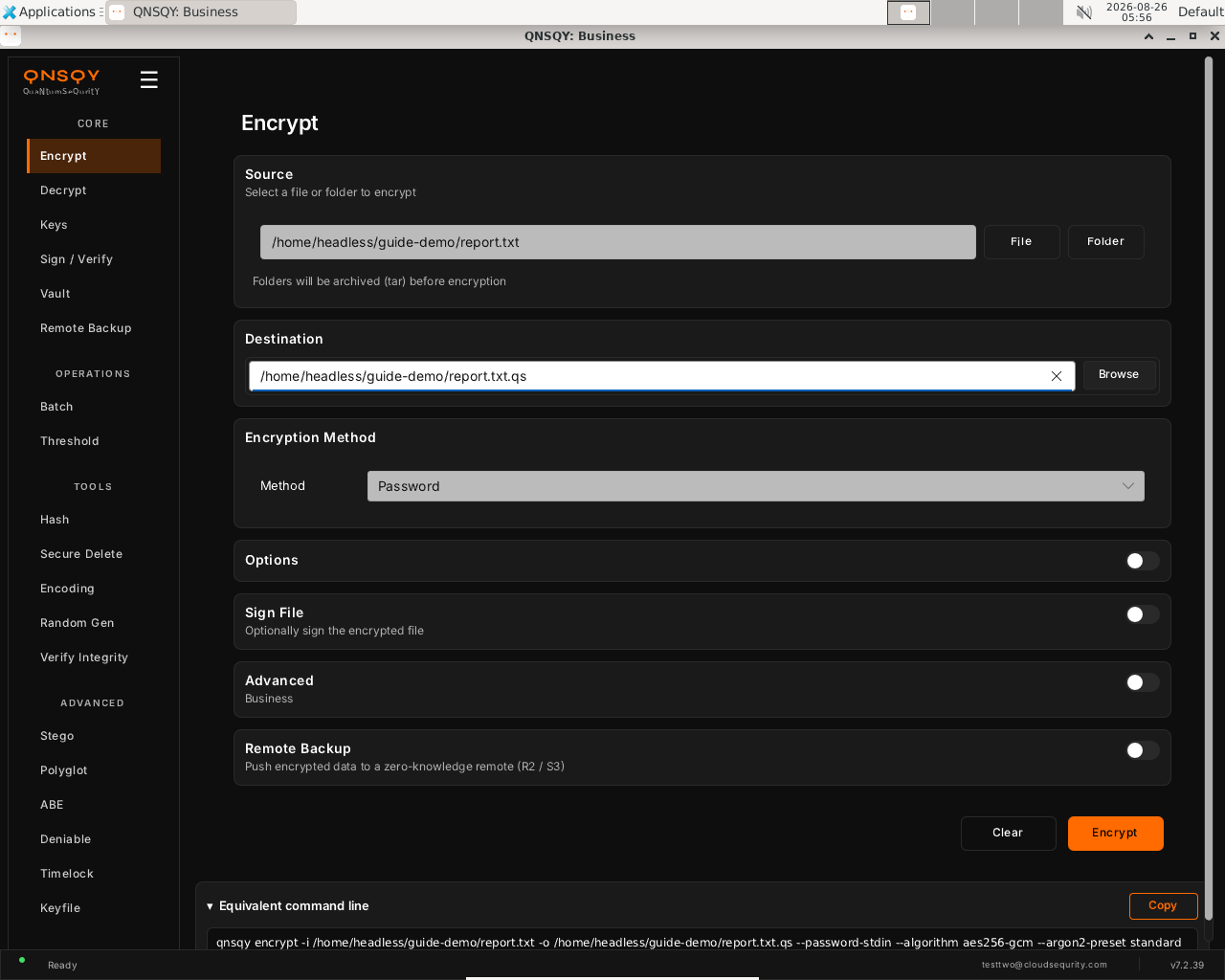 Destination field set; the Encrypt button is now active and the equivalent command line shows the full command