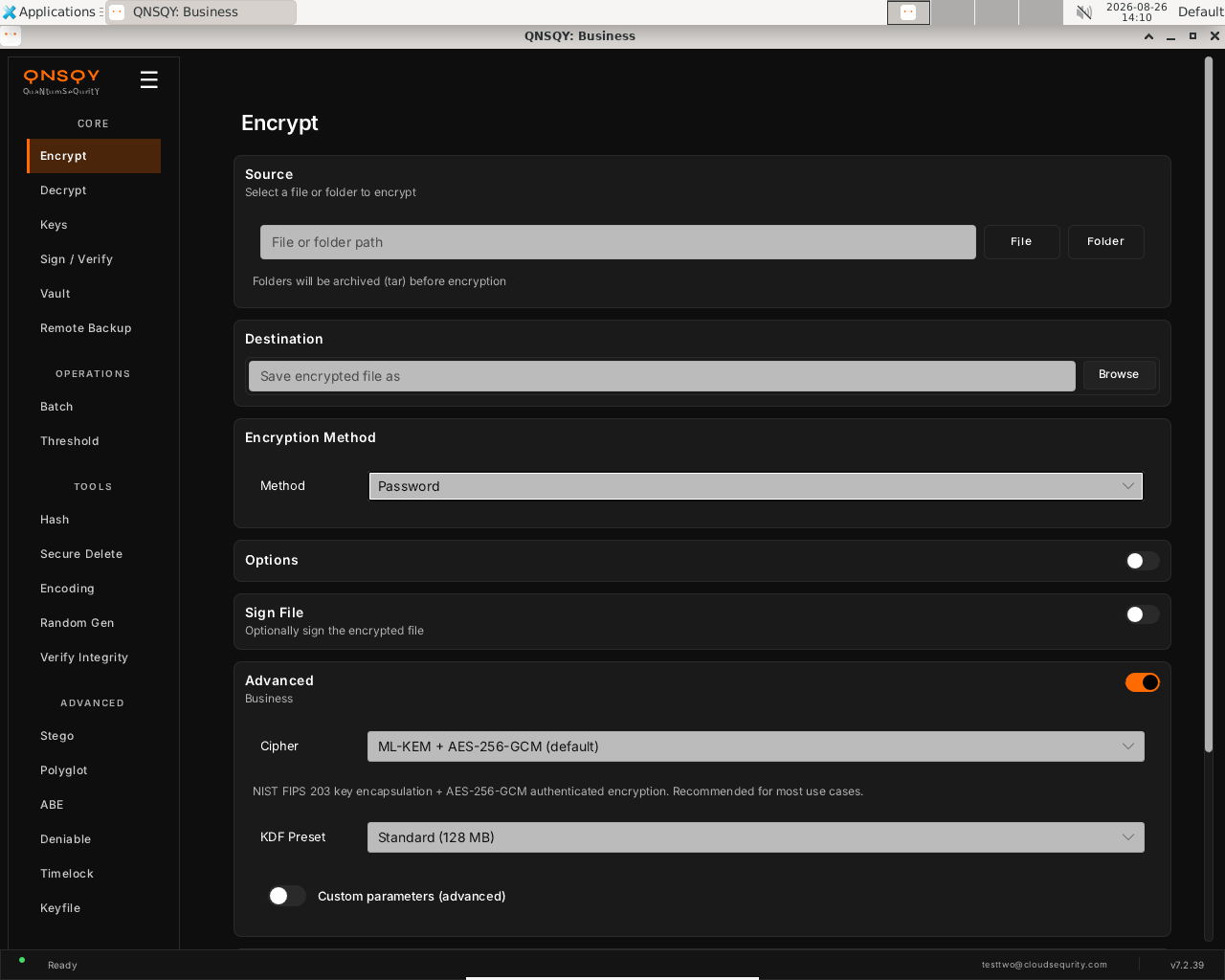 Encrypt: the Advanced (Business) section expanded (cipher + KDF preset, with the Business tier label)