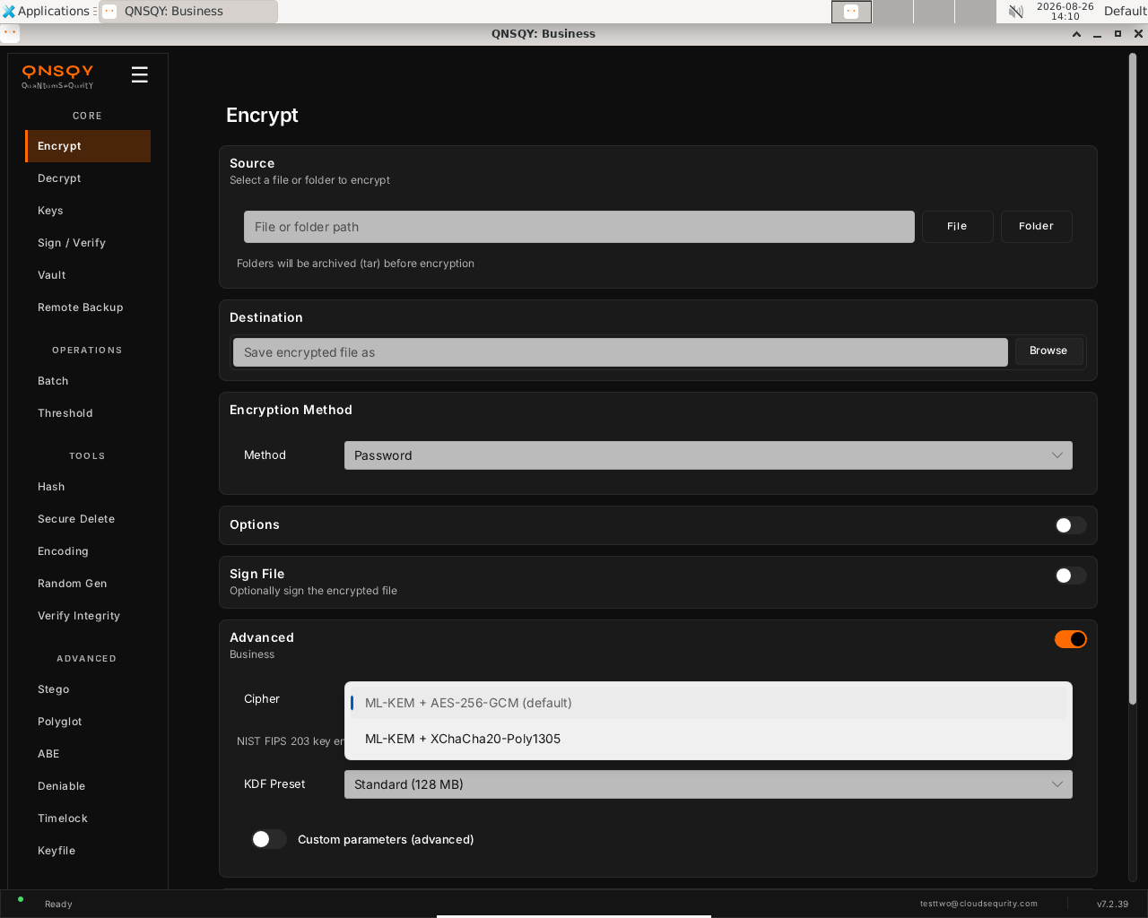 Encrypt: the Cipher dropdown (ML-KEM + AES-256-GCM, or + XChaCha20-Poly1305)