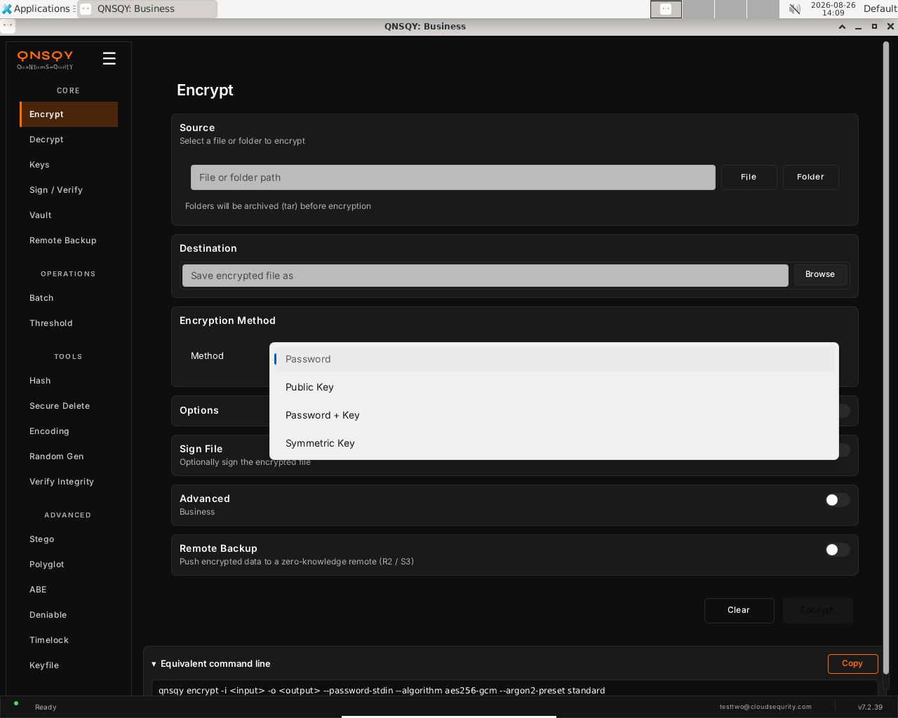 Encrypt: the Encryption Method dropdown (Password / Public Key / Password + Key / Symmetric Key)
