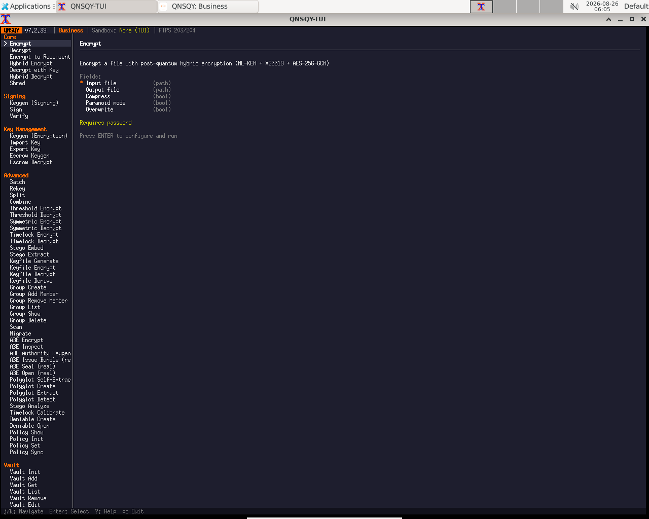 TUI main menu grouped into Core, Signing, Key Management, Advanced and Vault, with Encrypt highlighted under Core and its fields listed on the right