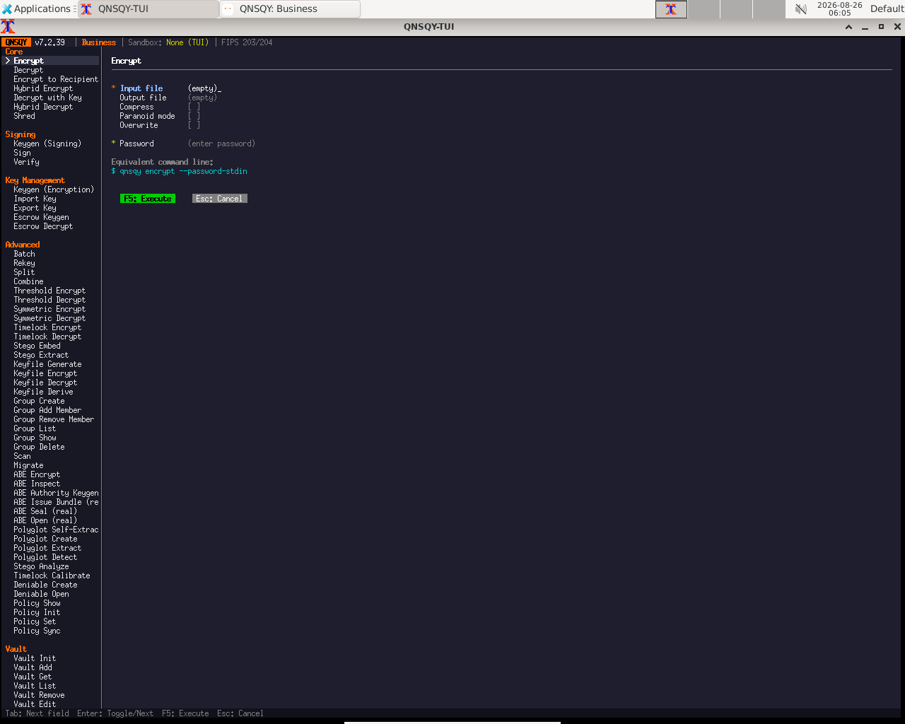 TUI Encrypt configure form with Input file, Output file, Compress, Paranoid mode, Overwrite and Password fields, a live equivalent command line, and F5 Execute / Esc Cancel buttons