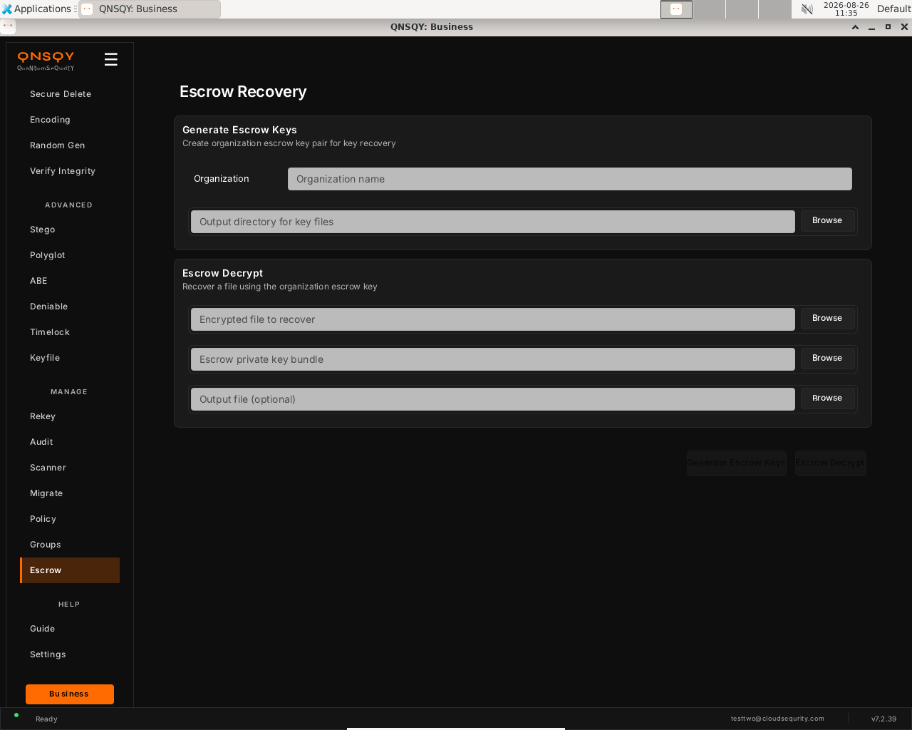 The Escrow Recovery screen on Linux