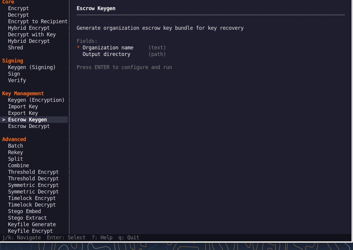 QNSQY TUI menu with Escrow highlighted