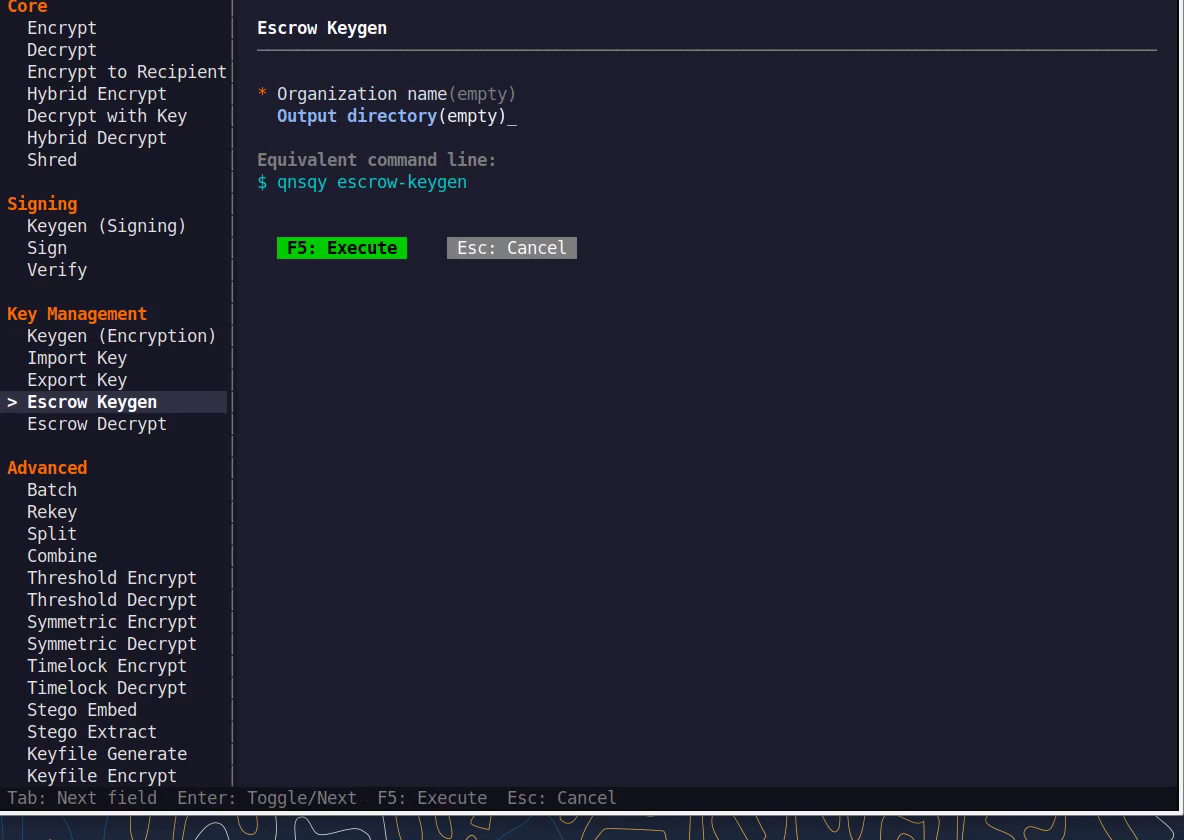 The Escrow TUI configure form with a live equivalent command line