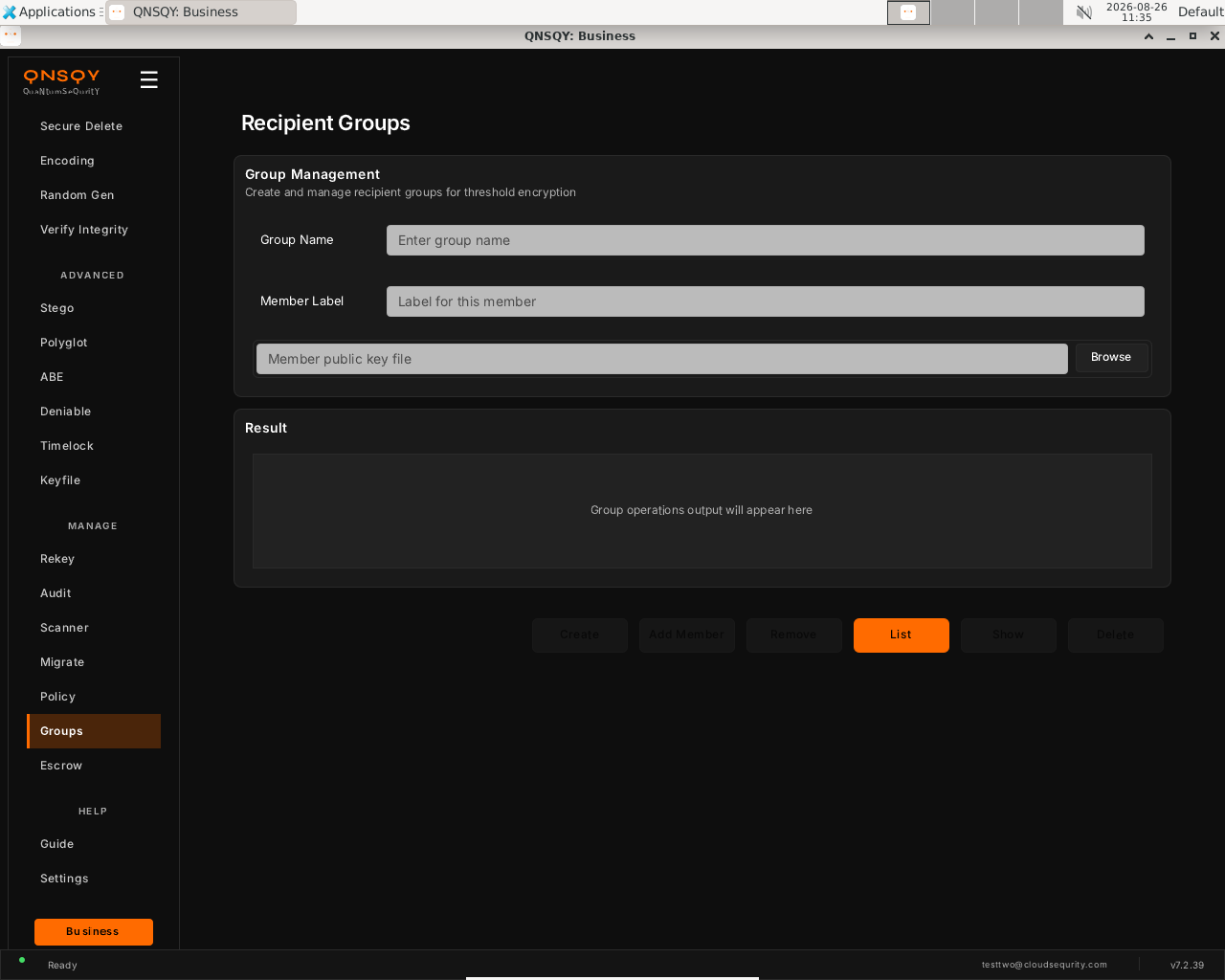 The Recipient Groups screen on Linux