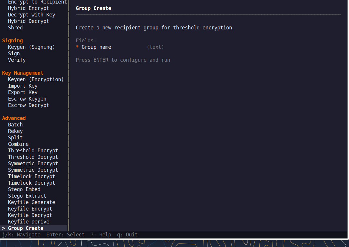 QNSQY TUI menu with Groups highlighted