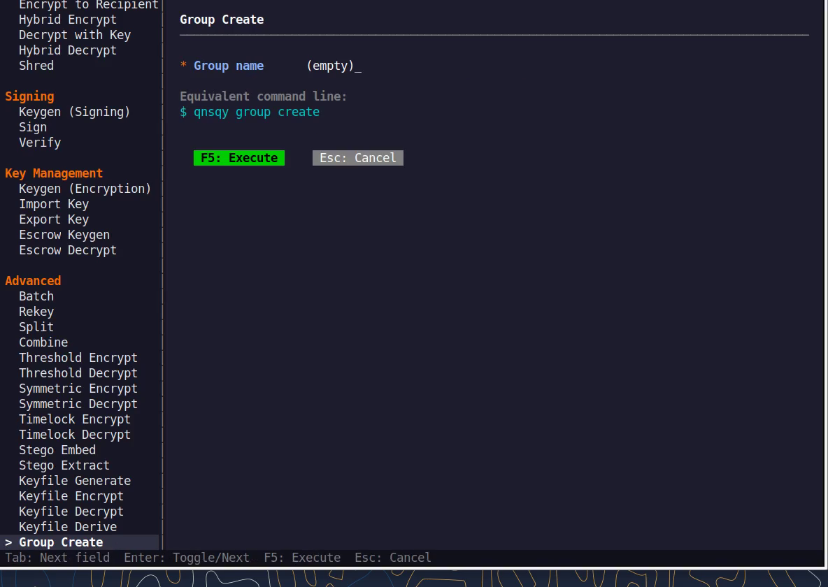 The Groups TUI configure form with a live equivalent command line