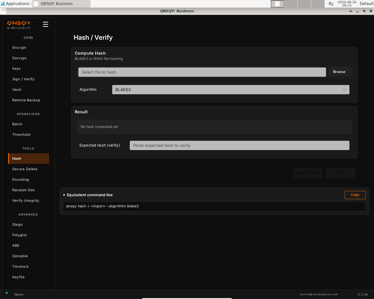 QNSQY Hash / Verify screen: a Compute Hash panel labelled 'BLAKE3 or SHA3 file hashing' with a 'Select file to hash' field and Browse button, an Algorithm dropdown set to BLAKE3, a Result panel reading 'No hash computed yet', and an 'Expected hash (verify)' field.
