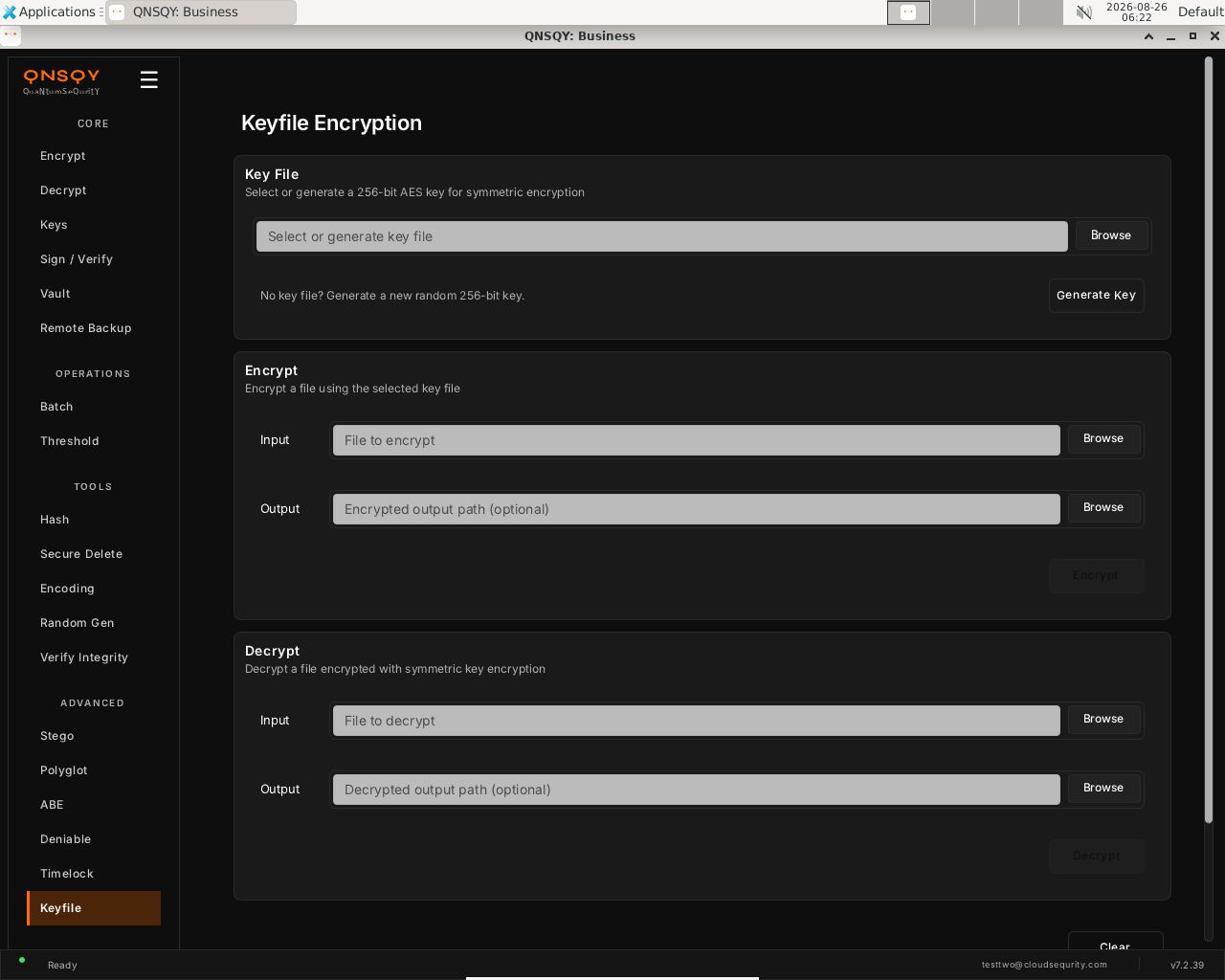 QNSQY Keyfile Encryption screen: a Key File section with a select-or-generate key-file field and a Generate Key button, an Encrypt section with Input and Output fields and an Encrypt button, and a Decrypt section with Input and Output fields and a Decrypt button.