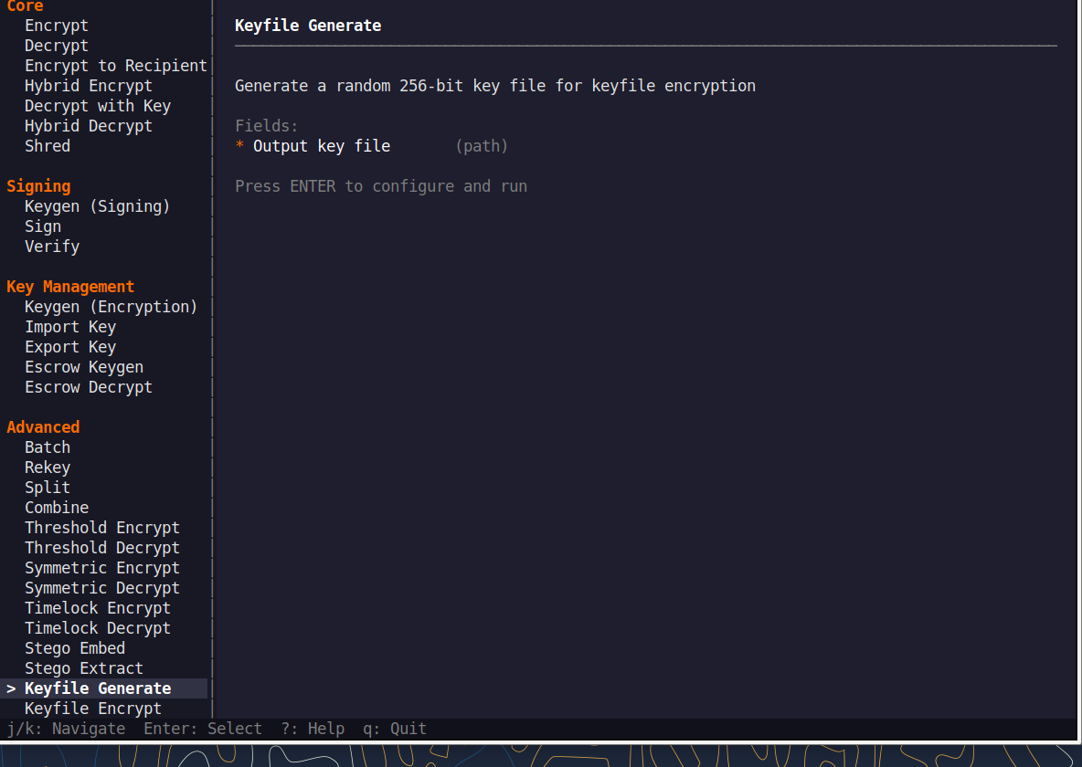QNSQY TUI menu with Keyfile Encrypt highlighted