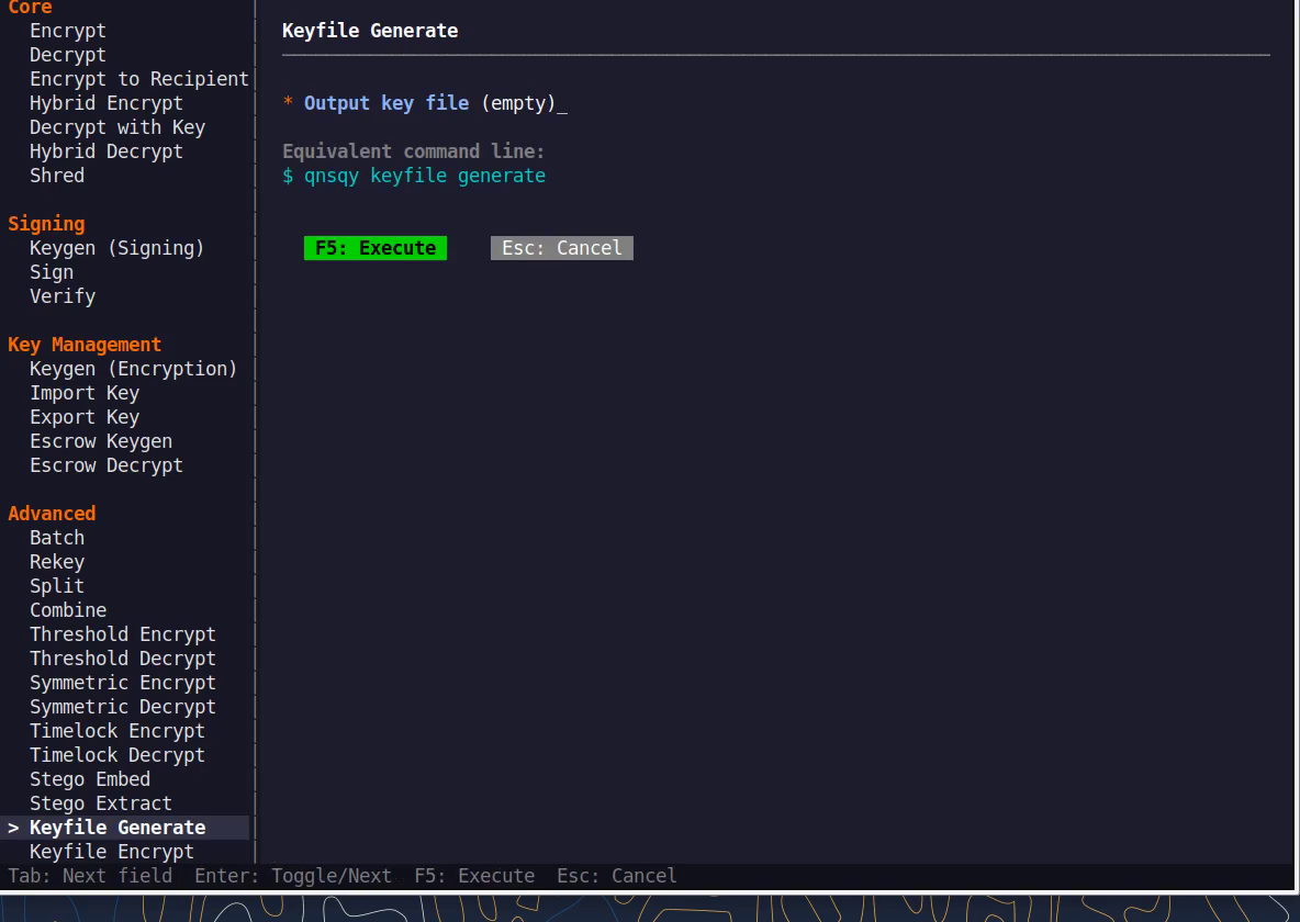 The Keyfile Encrypt TUI configure form with fields and a live equivalent command line