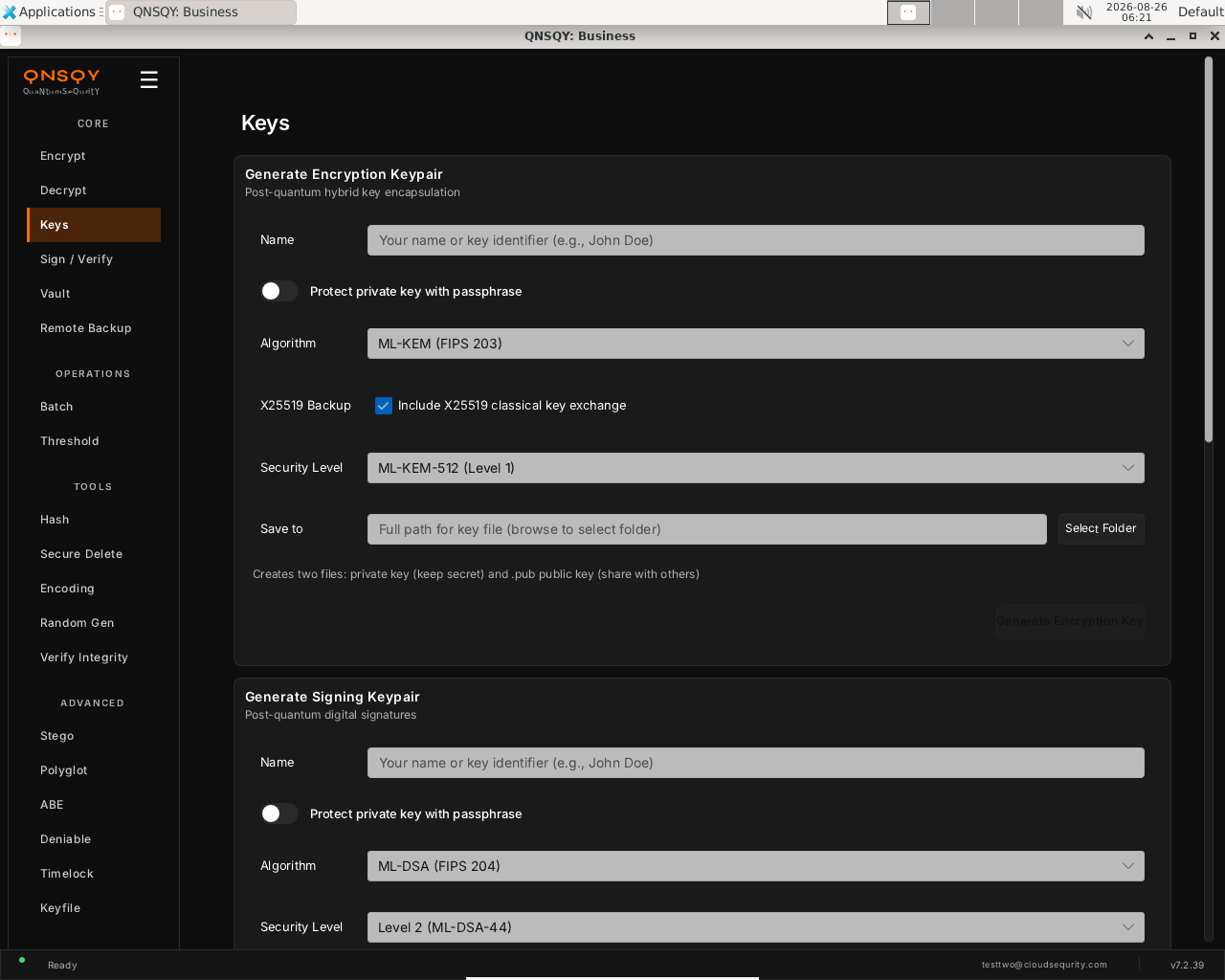 QNSQY Keys screen with two cards: Generate Encryption Keypair (Name, Protect private key with passphrase toggle, Algorithm ML-KEM FIPS 203, Include X25519 backup checkbox, Security Level ML-KEM-512 Level 1, Save to) and Generate Signing Keypair (Name, passphrase toggle, Algorithm ML-DSA FIPS 204, Security Level ML-DSA-44).