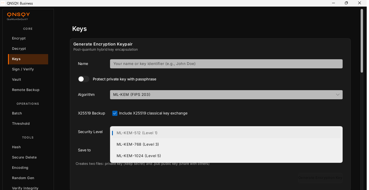 The same KEM Security Level dropdown on Windows 11 (512 = L1, 768 = L3, 1024 = L5)