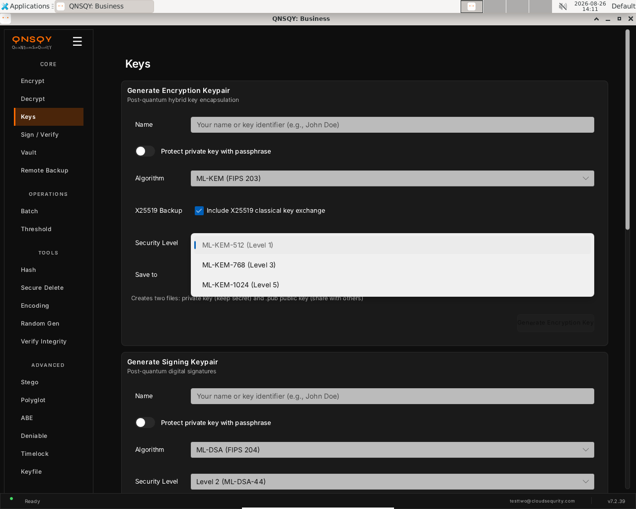 Keys: the KEM Security Level dropdown (ML-KEM-512 = L1, 768 = L3, 1024 = L5)