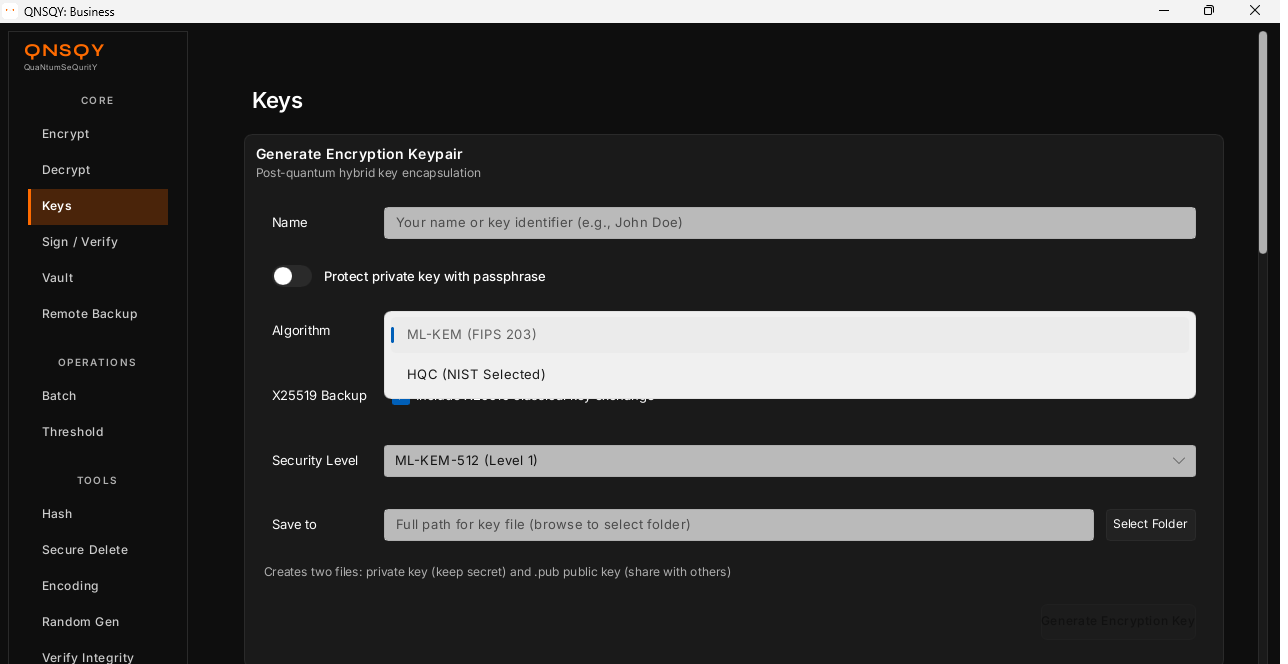 The same Encryption Algorithm dropdown on Windows 11 (ML-KEM / HQC)
