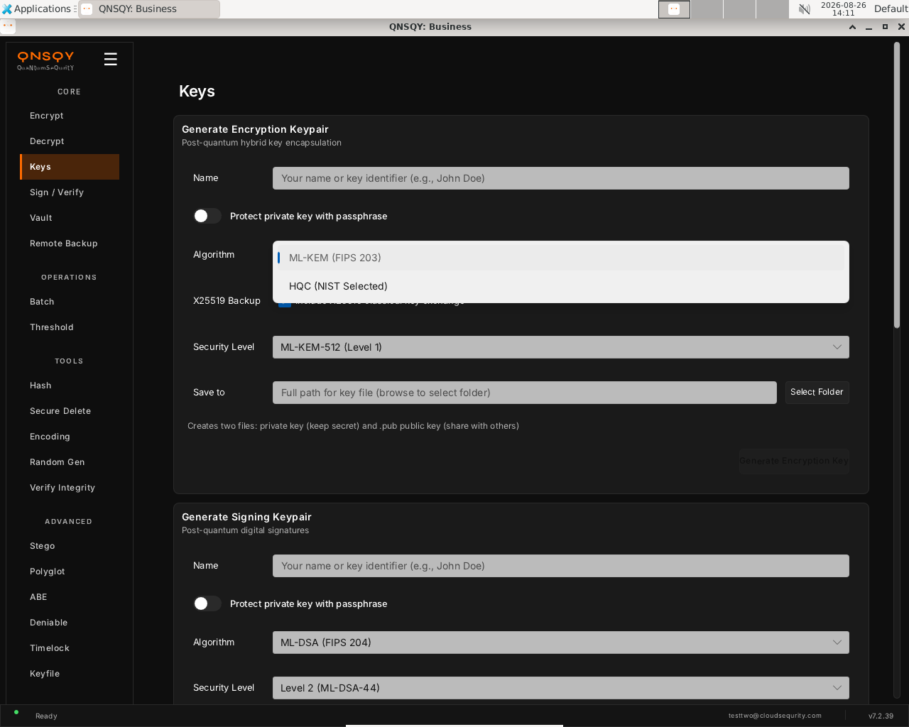 Keys: the Encryption Algorithm dropdown (ML-KEM / HQC)