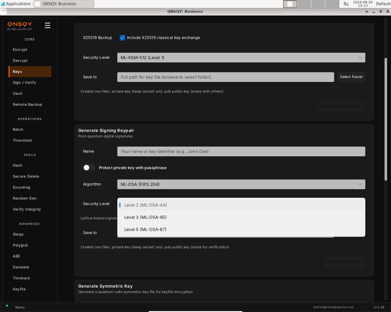 Keys: the ML-DSA Security Level dropdown (Level 2 / 3 / 5)