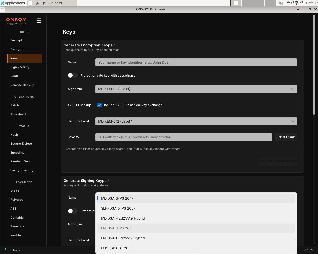 Keys: the Signing Algorithm dropdown (ML-DSA, SLH-DSA, FN-DSA, LMS and hybrids)