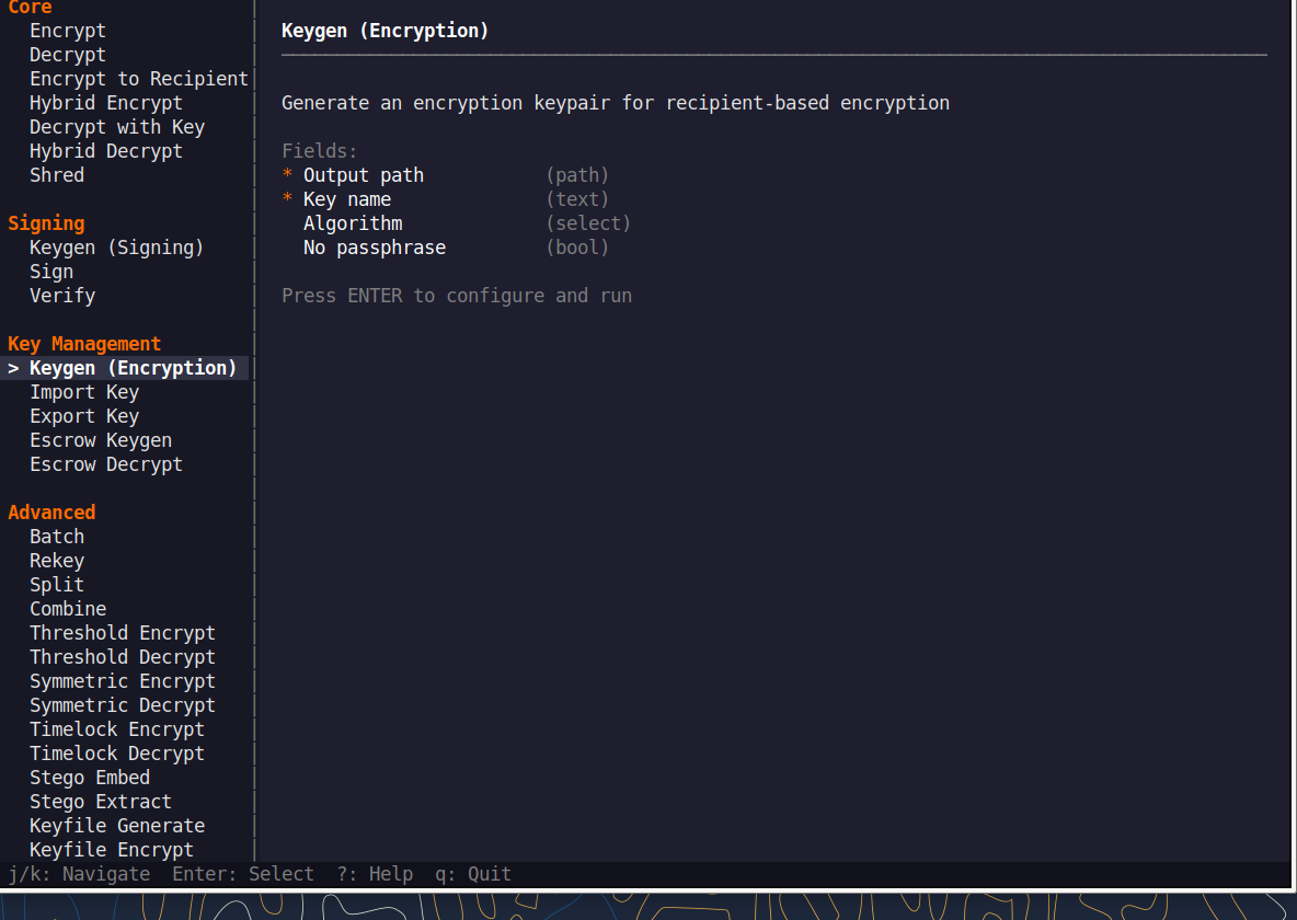 QNSQY TUI menu with Keygen (Encryption) highlighted