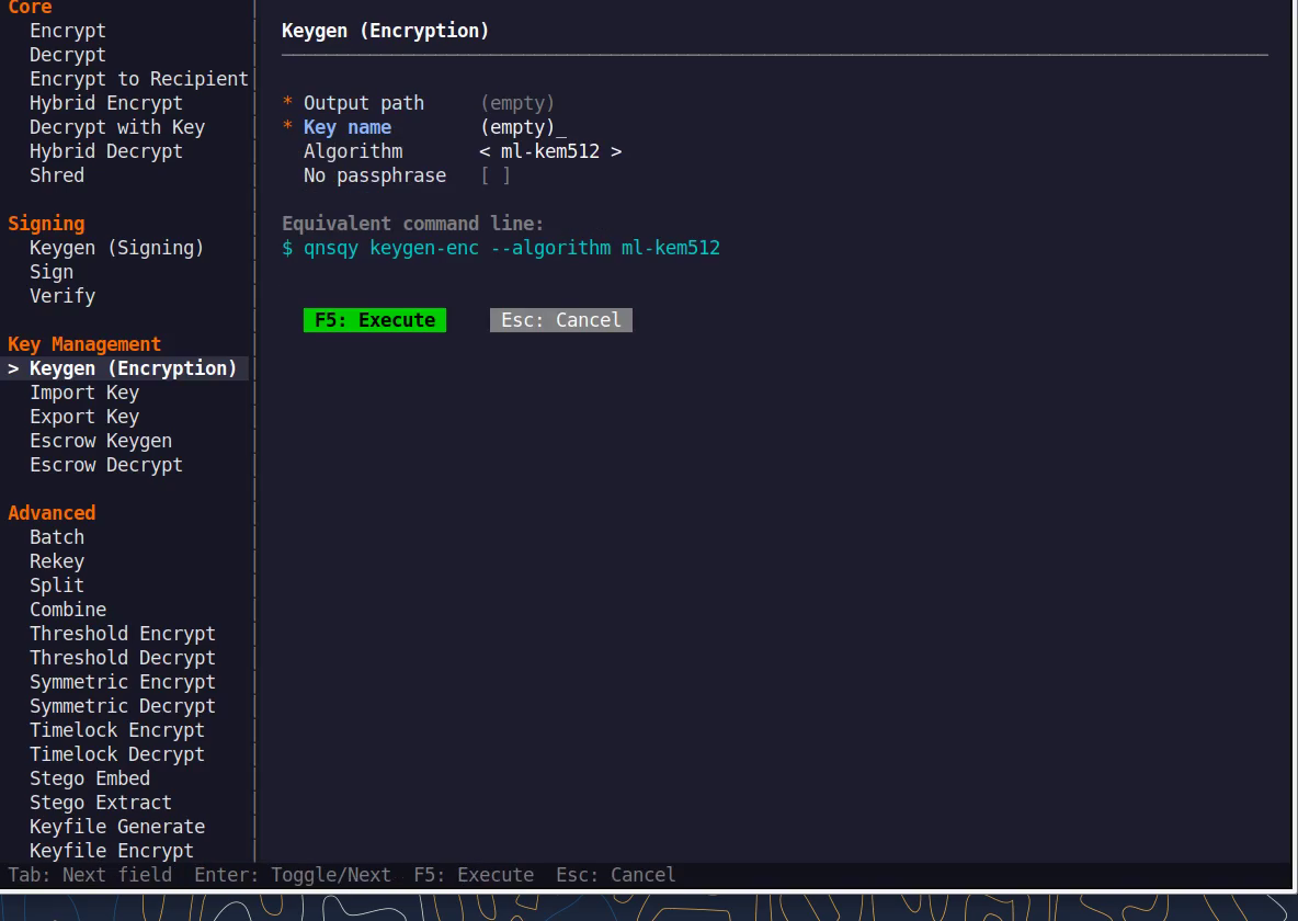 The Keygen (Encryption) TUI configure form with fields and a live equivalent command line