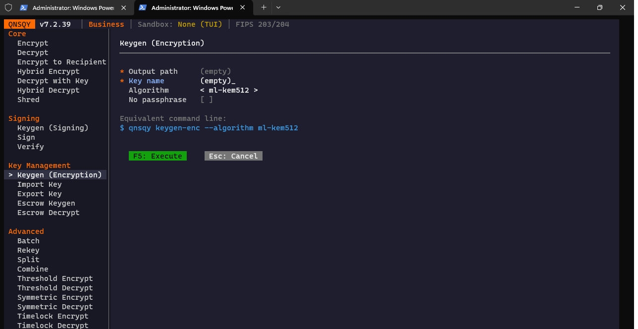 Keygen (Encryption) in the Windows TUI showing the Algorithm field and equivalent command line