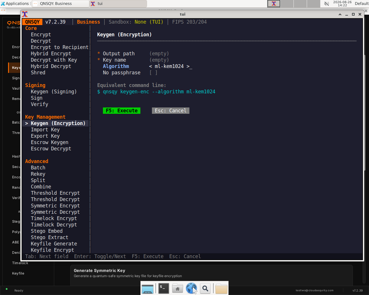 Keygen (Encryption) in the Linux TUI showing the Algorithm field