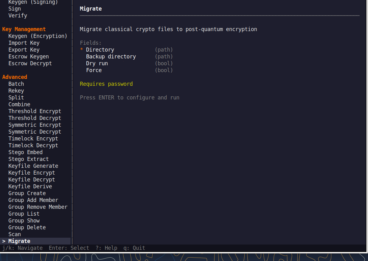 QNSQY TUI menu with Migrate highlighted