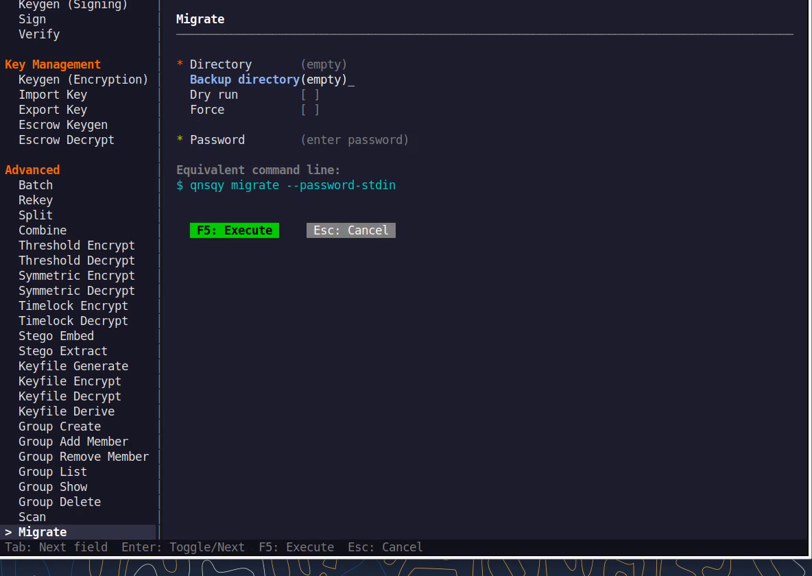 The Migrate TUI configure form with a live equivalent command line