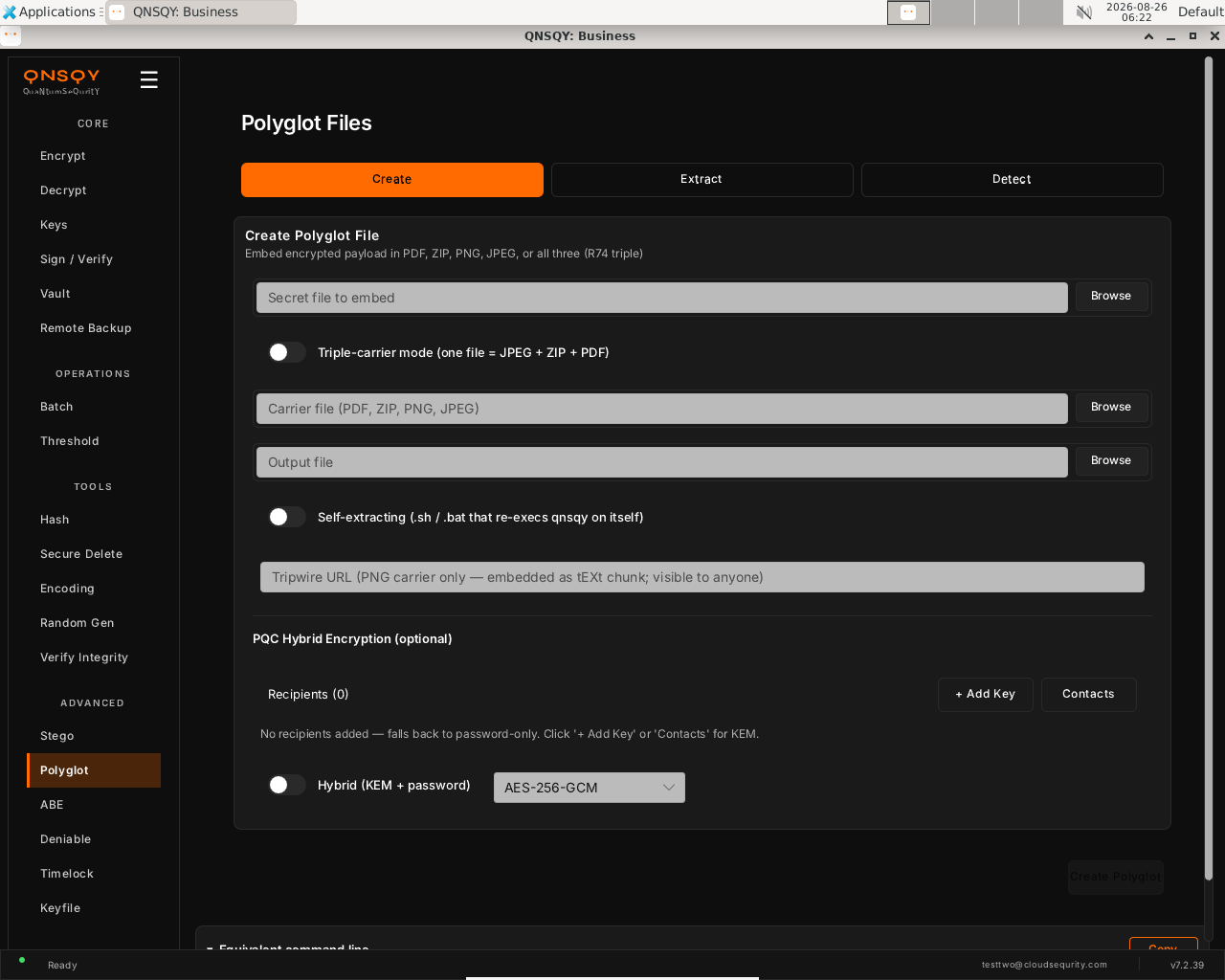 QNSQY Polyglot Files screen on the Create tab: a 'Create Polyglot File' panel with a Secret file picker, a Triple-carrier mode toggle, Carrier file and Output file pickers, a Self-extracting toggle, a Tripwire URL field, and a PQC Hybrid Encryption section with Recipients (0), plus Add Key and Contacts buttons, and a Hybrid (KEM + password) toggle with an AES-256-GCM dropdown.