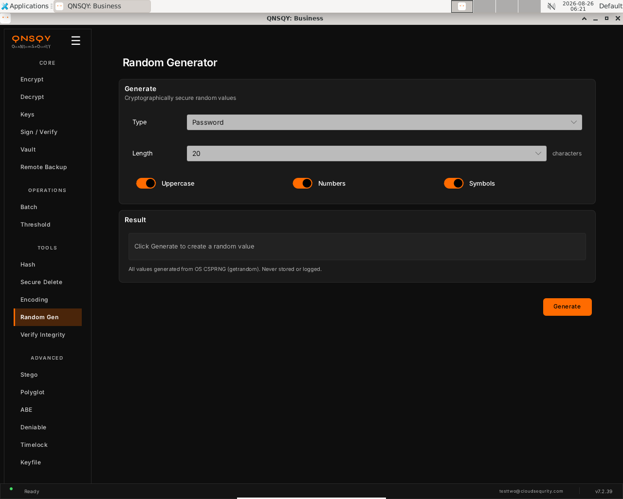 QNSQY Random Generator screen: a Generate panel with Type set to Password, Length 20 characters, and Uppercase, Numbers and Symbols toggles all on, above an empty Result panel reading 'Click Generate to create a random value'.