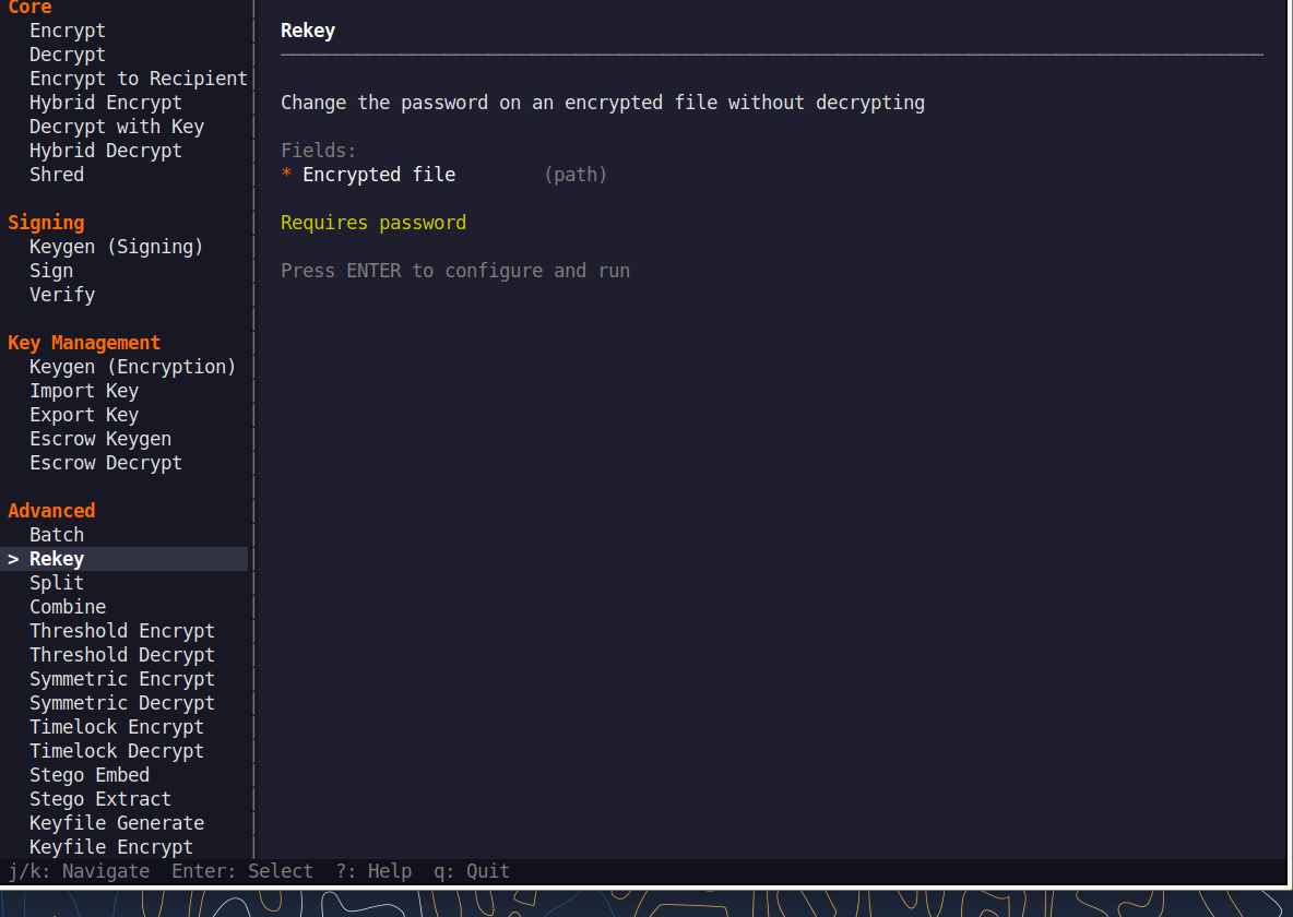 QNSQY TUI menu with Rekey highlighted