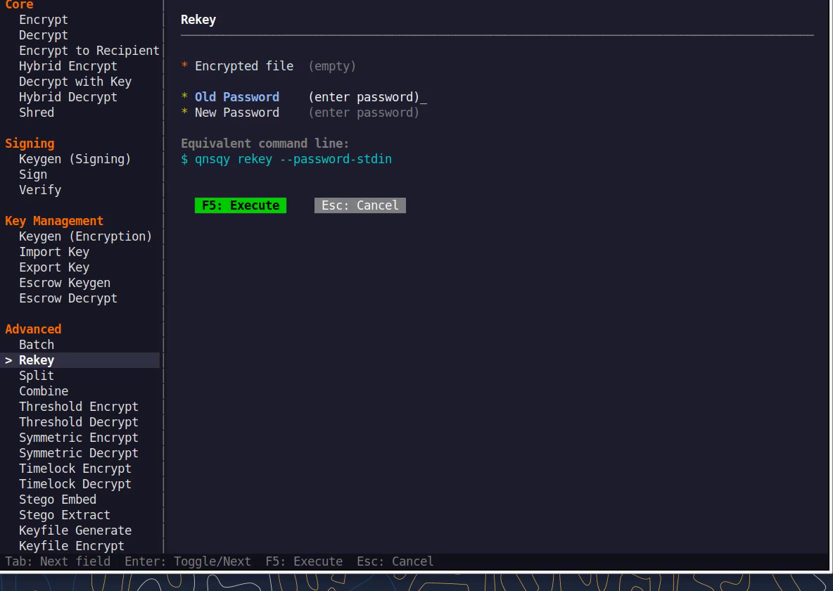 The Rekey TUI configure form with a live equivalent command line