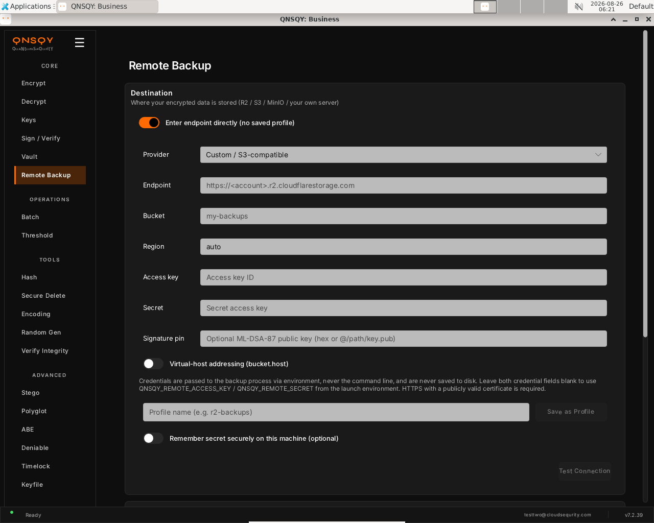 QNSQY Remote Backup screen: a Destination panel with Enter endpoint directly toggled on, a Provider dropdown set to Custom / S3-compatible, Endpoint, Bucket, Region, Access key, Secret, and an optional Signature pin field, plus a note that credentials are passed via environment and never saved to disk, and a Test Connection button.
