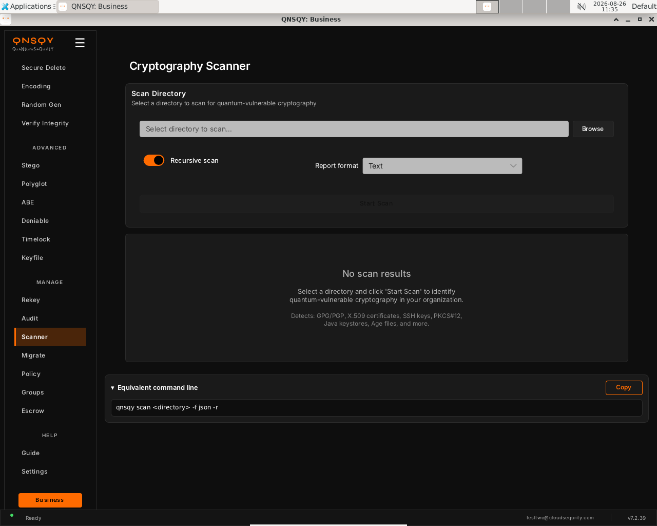 The Cryptography Scanner screen on Linux
