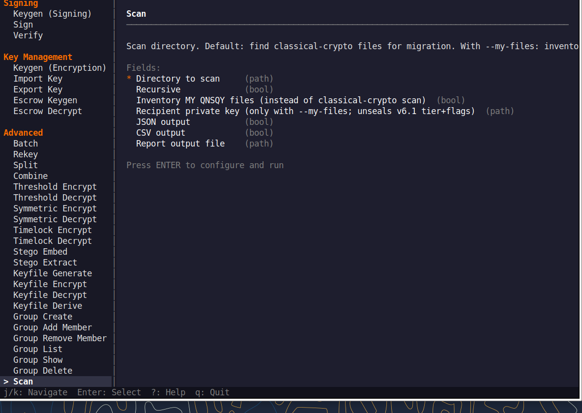QNSQY TUI menu with Scanner highlighted