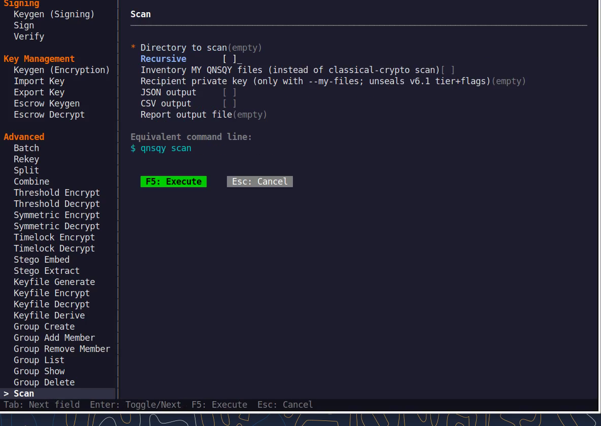 The Scanner TUI configure form with a live equivalent command line