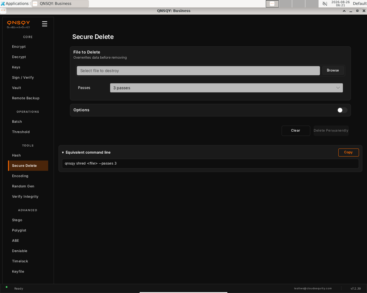 QNSQY Secure Delete screen: a 'File to Delete' panel labelled 'Overwrites data before removing' with a 'Select file to destroy' field and Browse button, a Passes dropdown set to '3 passes', an Options section, and Clear and Delete Permanently buttons.