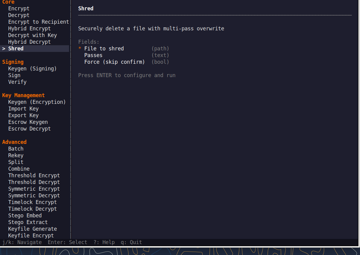 QNSQY TUI menu with Shred highlighted